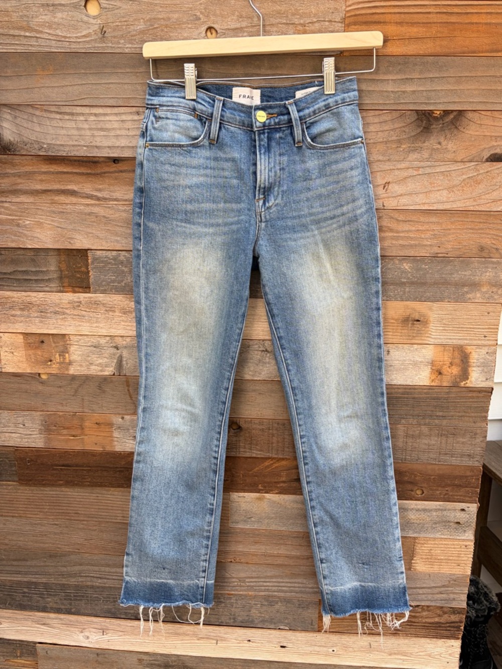 Frame Denim Light Blue Straight-Leg Jeans with Raw Hem